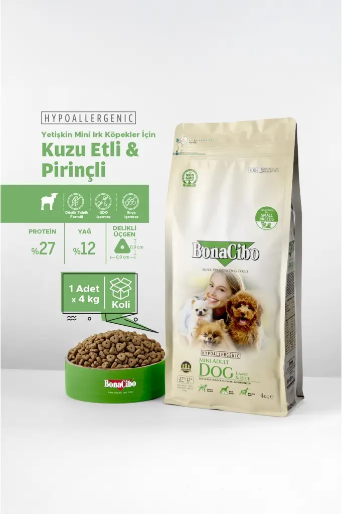 BonaCibo Mini Irk Adult Dog Lamb Rice Kuzu Etli Köpek Maması 4 Kg
